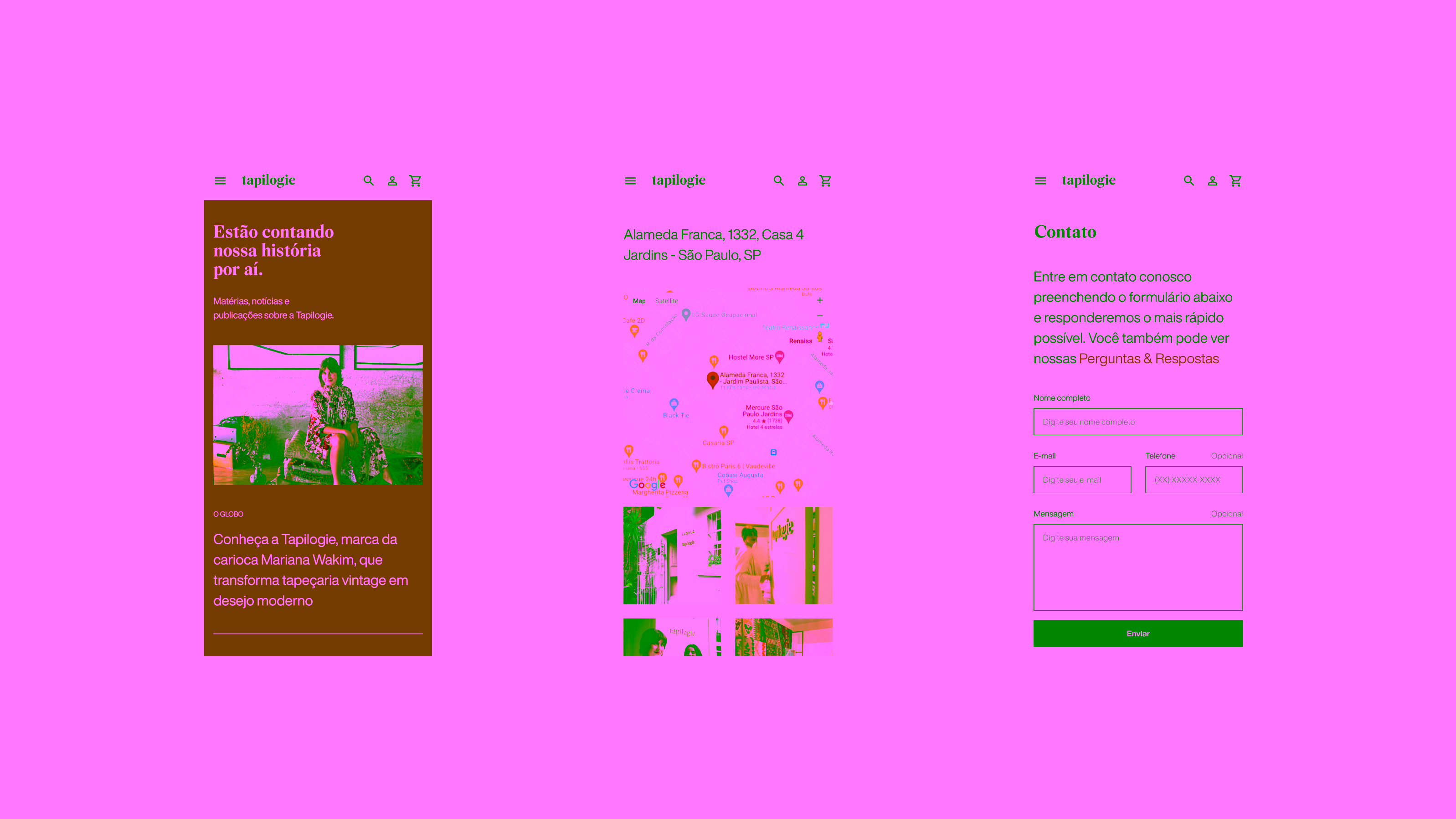 Tapilogie — Three mobile screens with press, physical store, and contact form