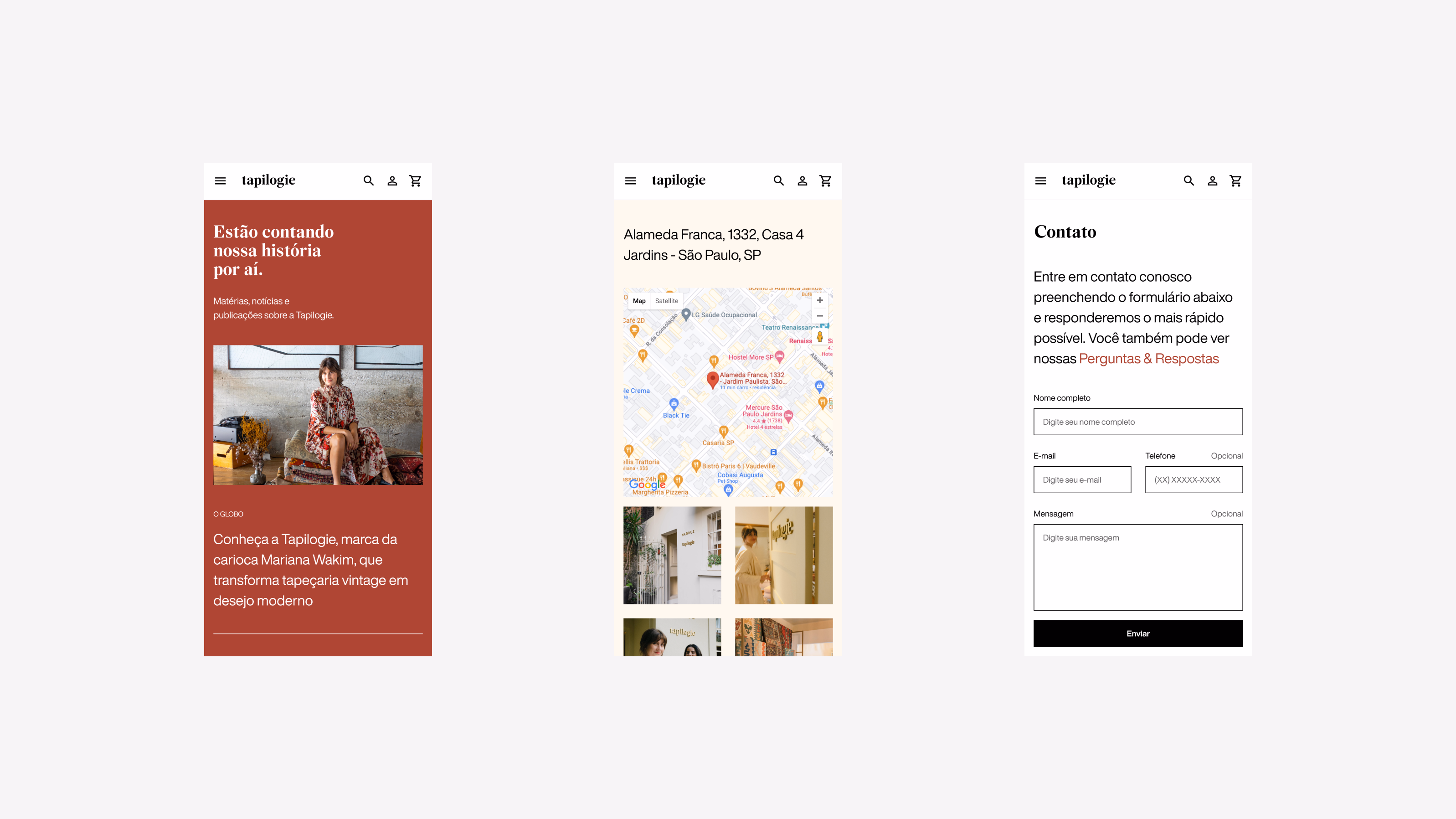 Tapilogie — Three mobile screens with press, physical store, and contact form