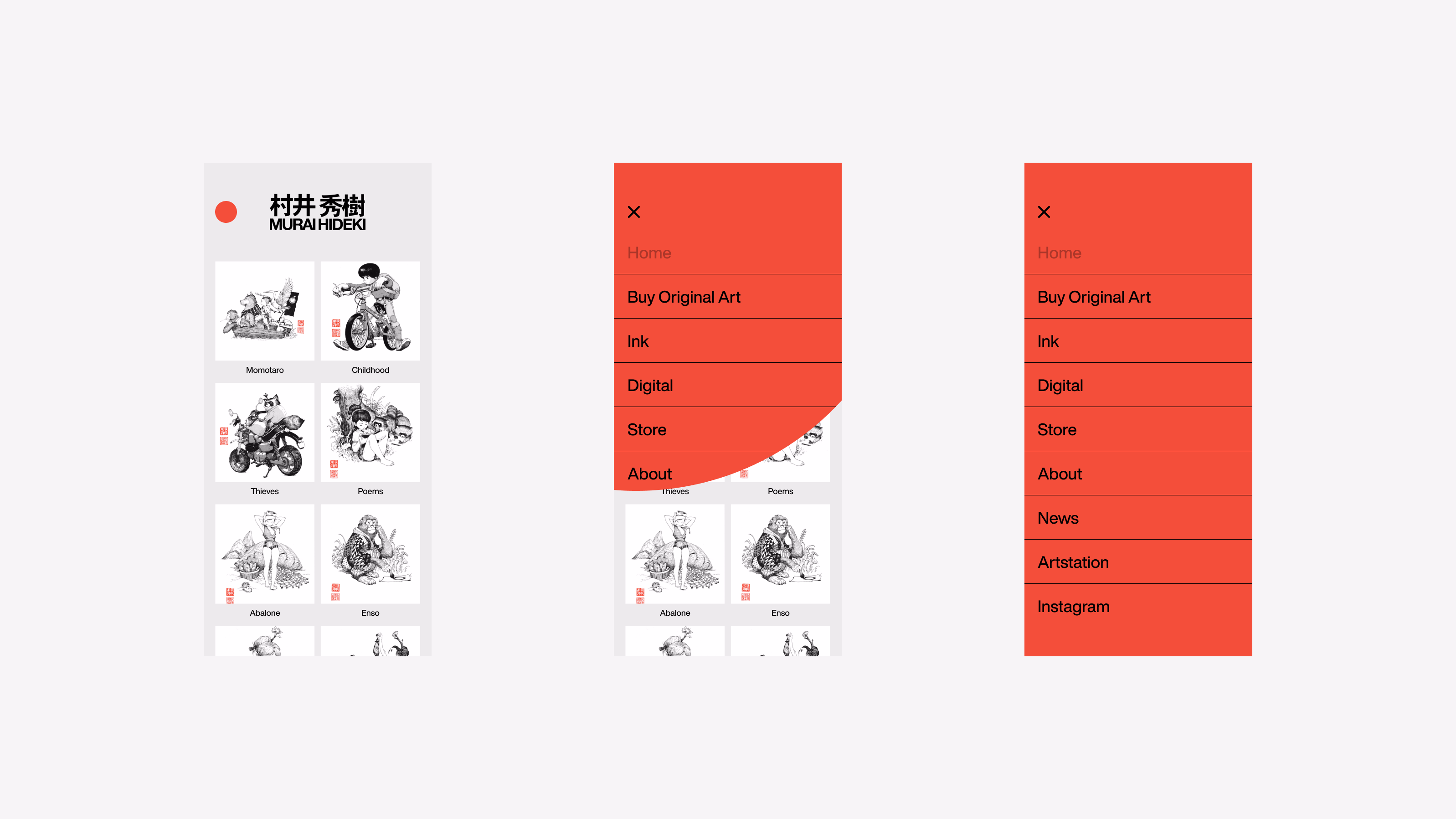 Will Murai — Three mobile portfolio screens with illustration grid and red menu
